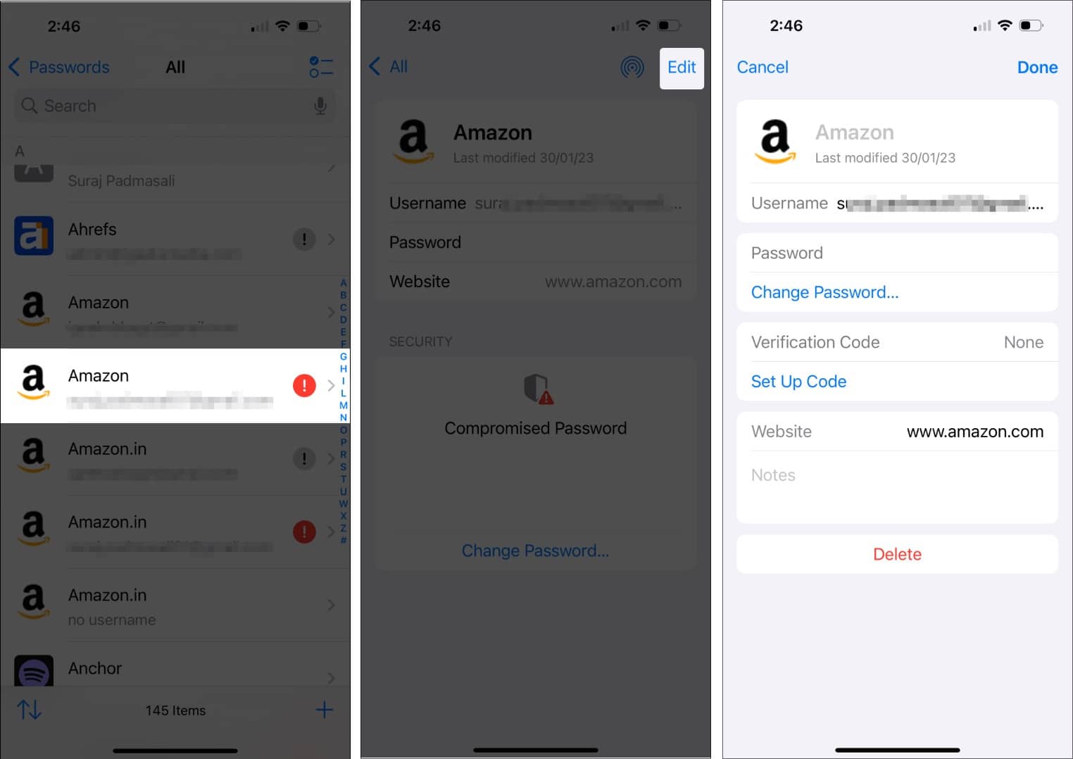 Editing a saved password entry in the Passwords app on an iPhone.