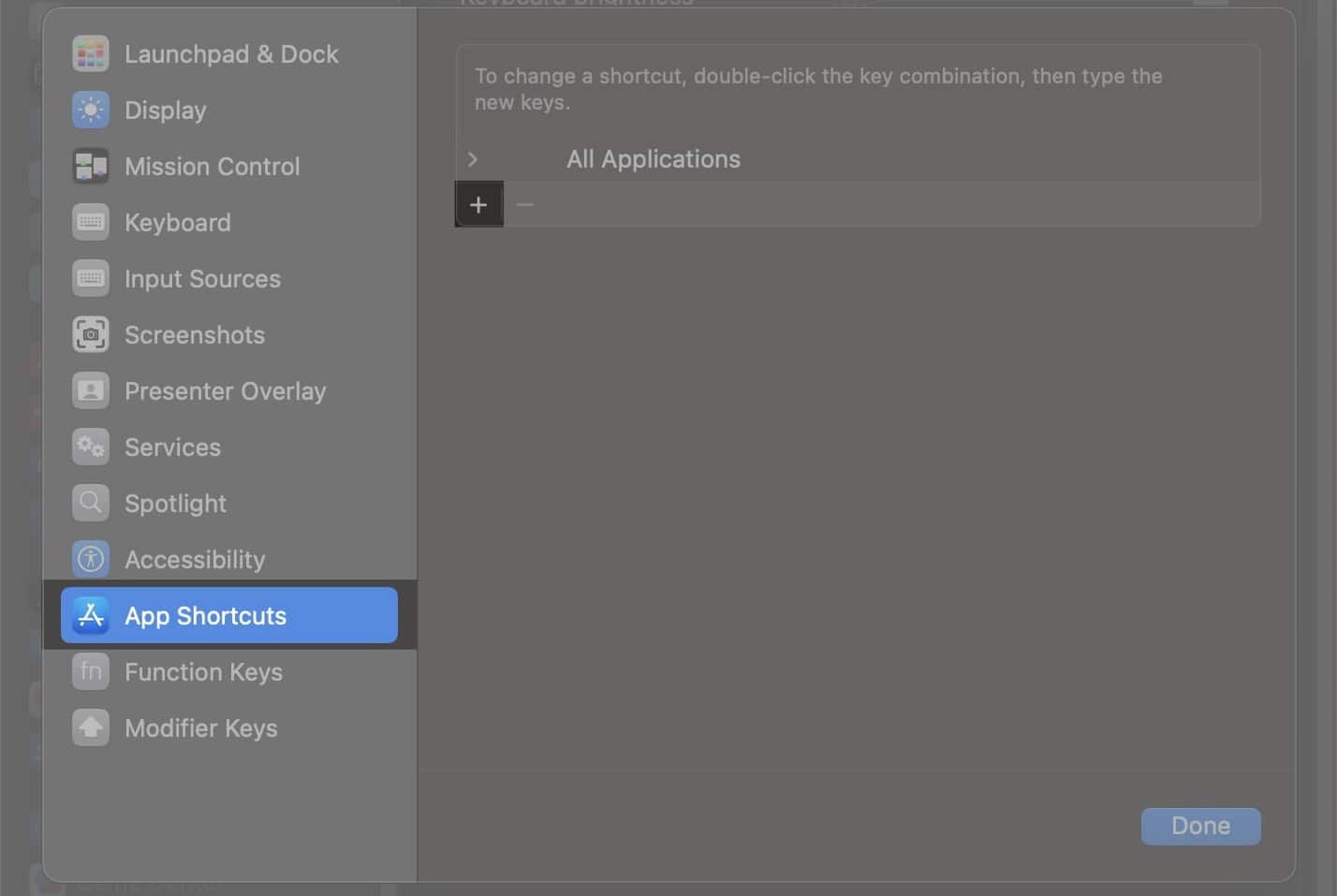 App Shortcuts screen in System Settings on a Mac.