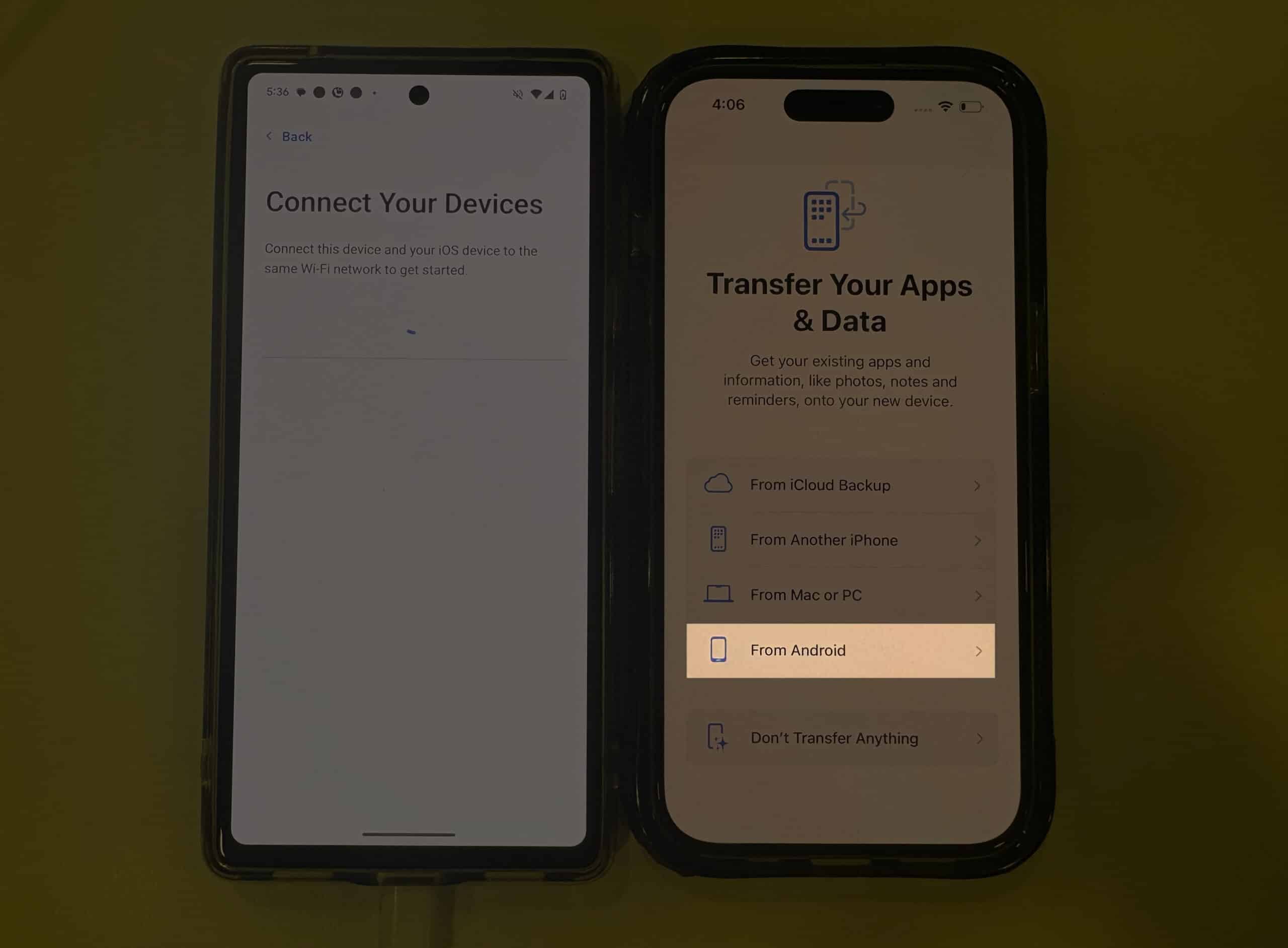 Choosing the source device on an iPhone during setup.