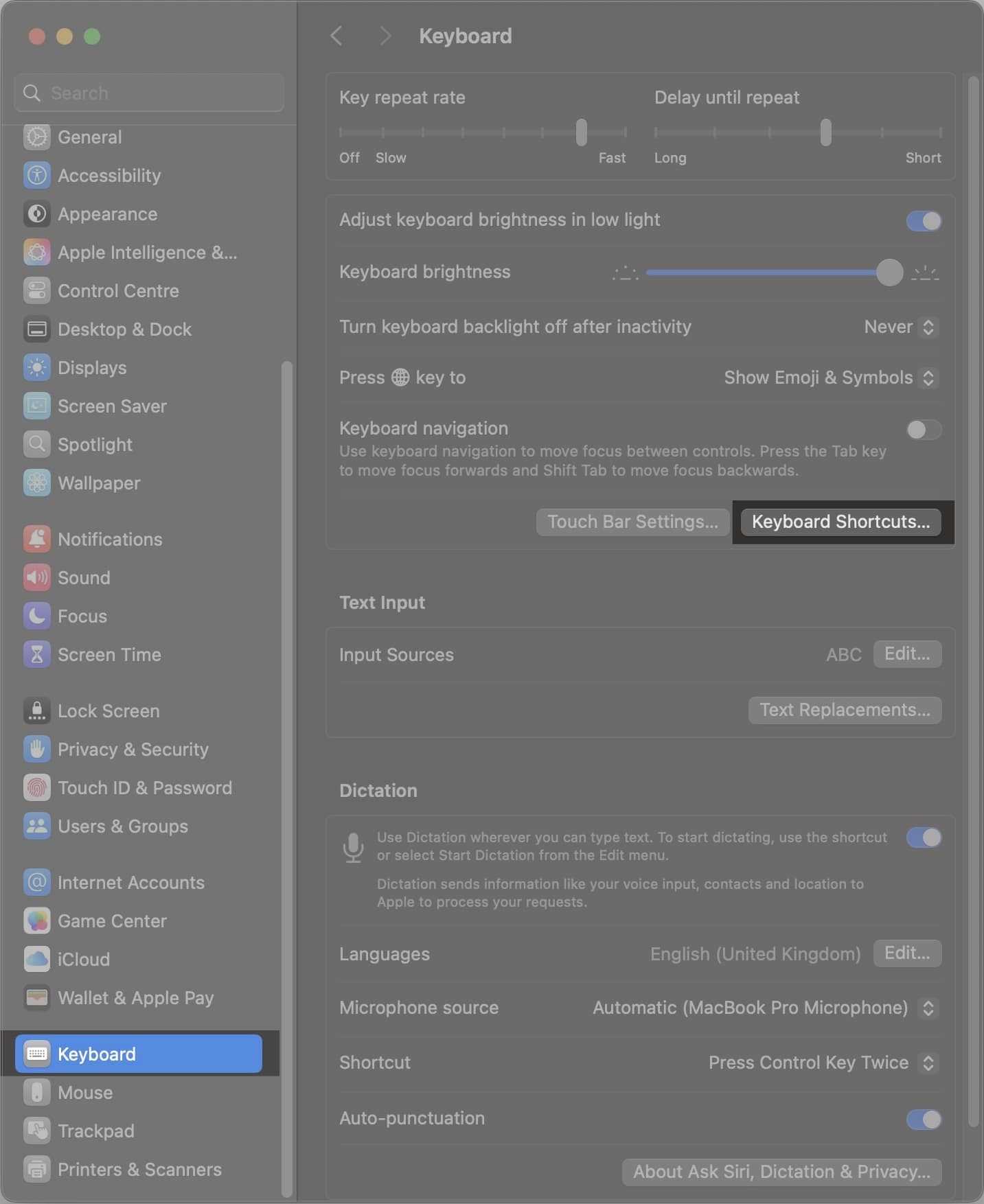Keyboard Shortcuts button in the macOS System Settings app.