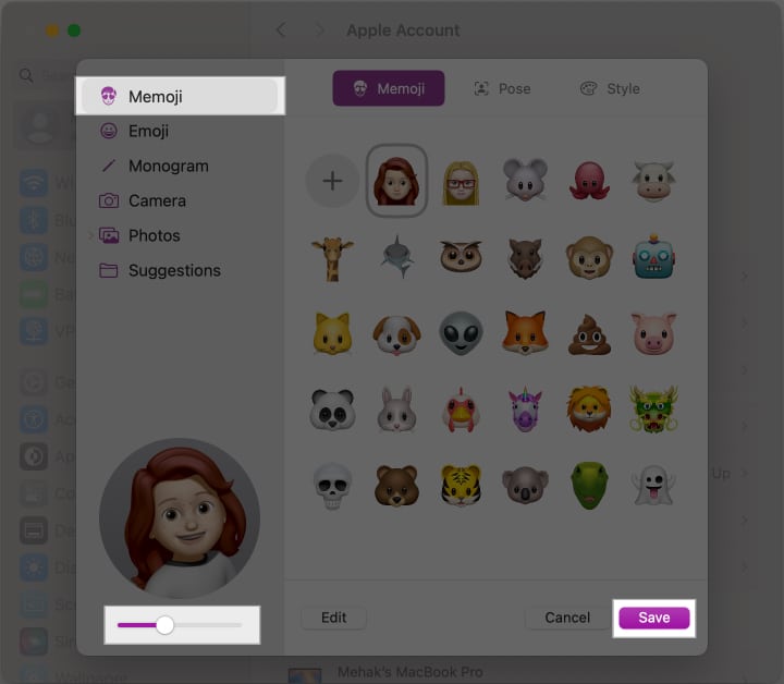 Selecting a Memoji to use as a user profile picture on a Mac.