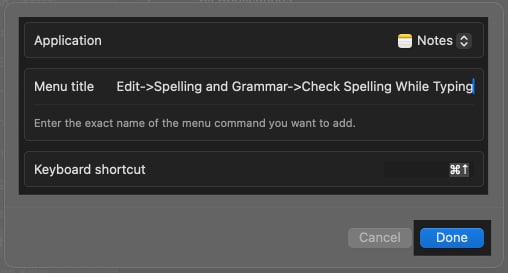 Creating a custom shortcut for an Apple Notes menu in macOS System Settings on a Mac.