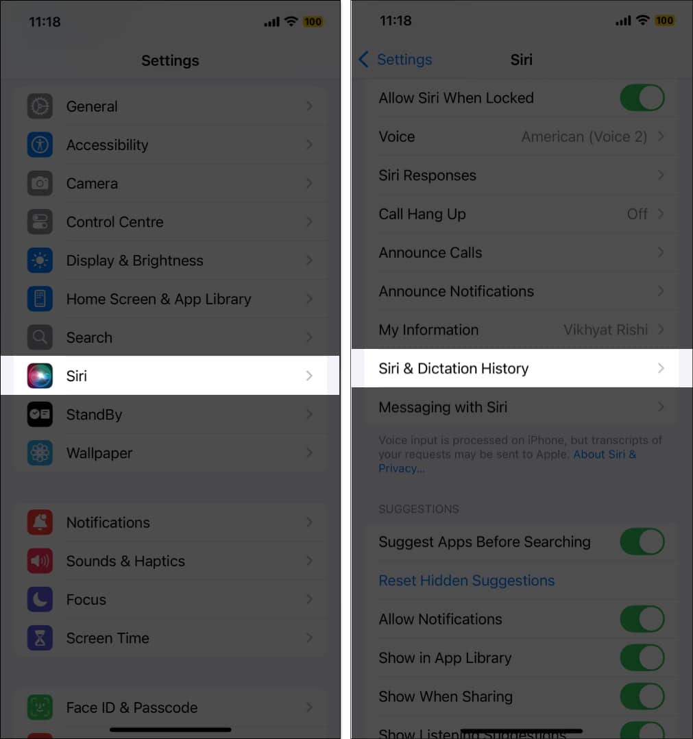 Accessing the Siri and Dictation History option in iPhone Settings app.