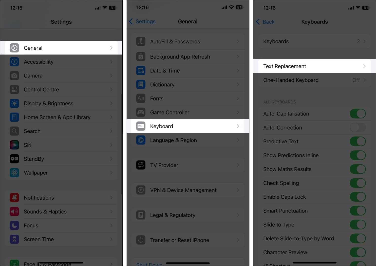 Accessing Text Replacement settings on an iPhone.