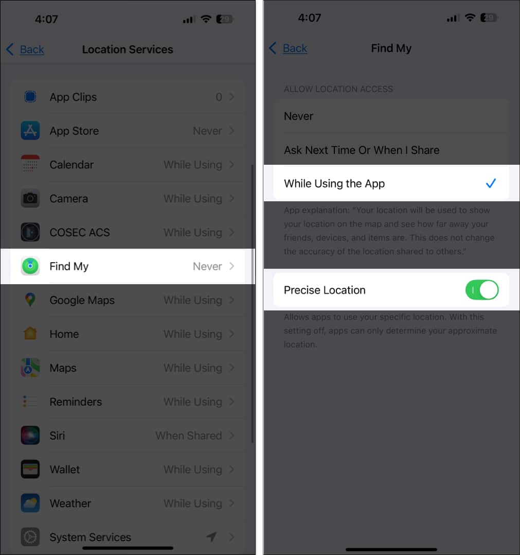 Enabling Precise Location option for Find My in iOS Settings app.