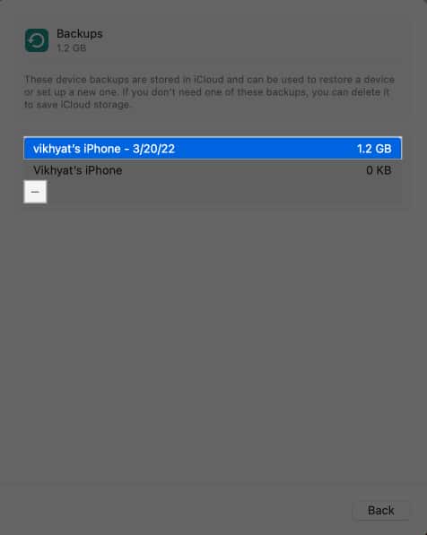 Selecting a device backup to delete in the System Settings app on a Mac.