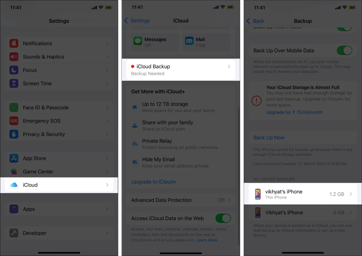 Selecting a device backup to delete in the iPhone Settings app.