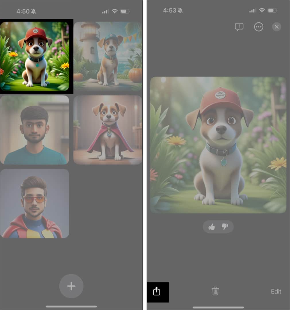 Sharing an existing image in the Image Playground app library.