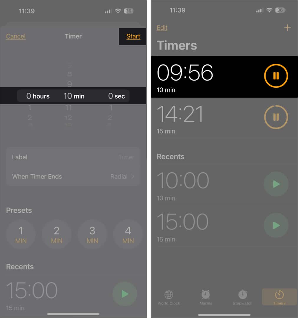 Set timer duration and tap on Start to add new timer.