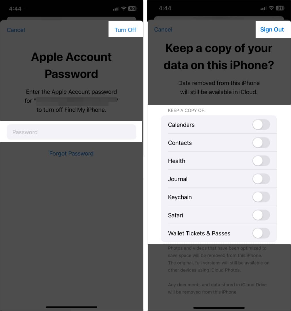 Signing out of Apple ID on an iPhone.