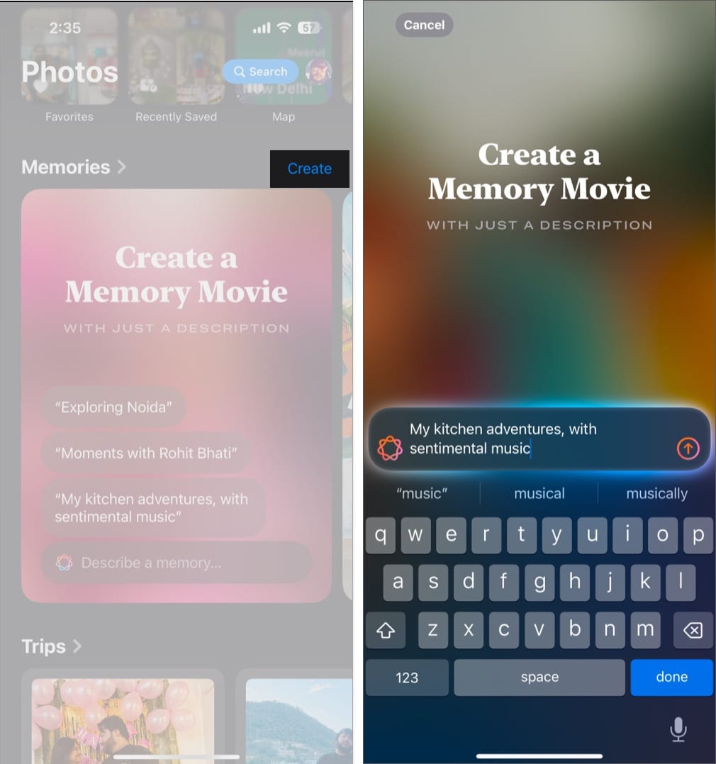 Memory movie creation prompt in the Photos app on an iPhone.