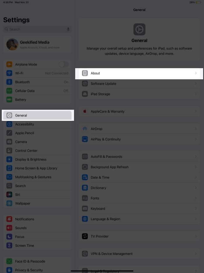 About section in the Settings app on an iPad.
