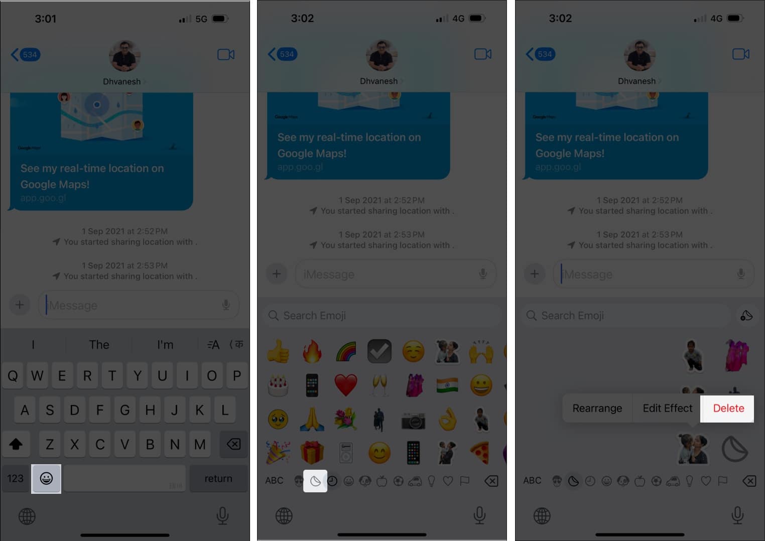 Tap and hold sticker and tap delete to remove them in other apps.