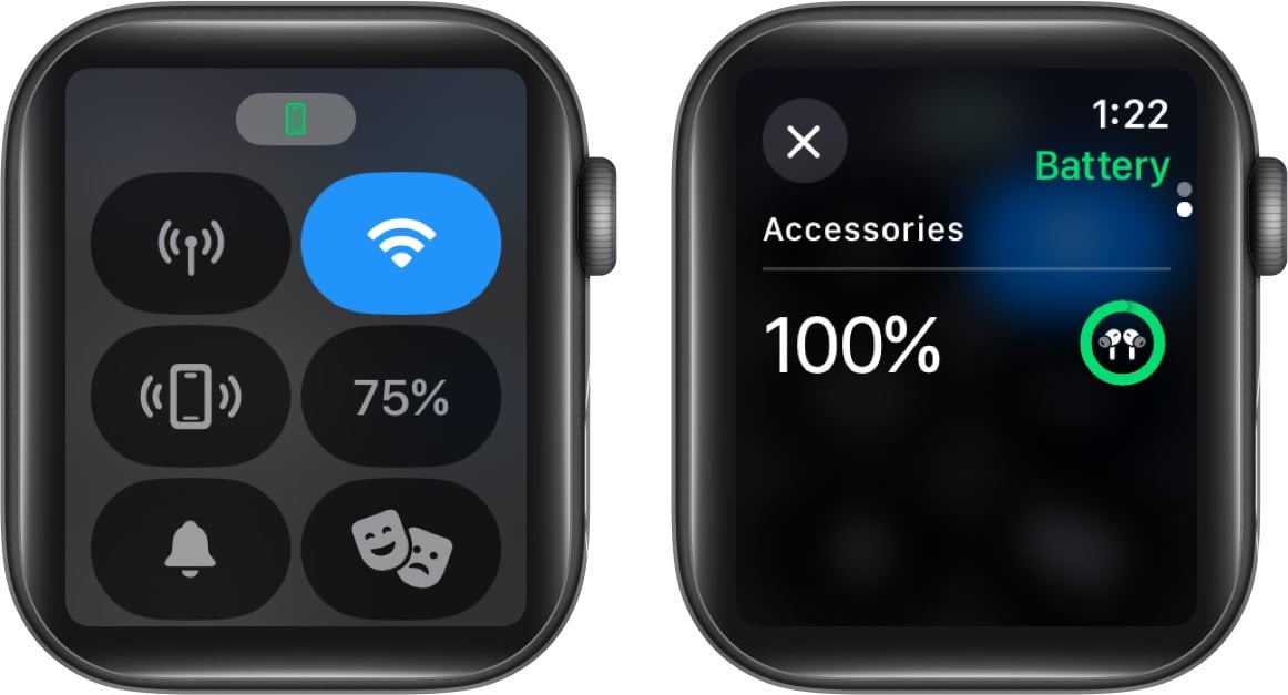 Checking AirPods battery life on an Apple Watch.
