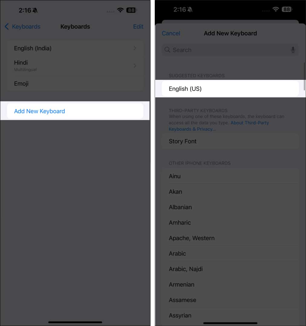 Adding the English (US) keyboard to an iPhone.