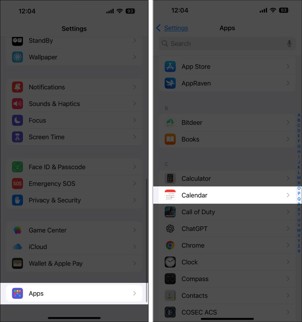 Accessing the Calendar app settings in the Settings app on an iPhone.