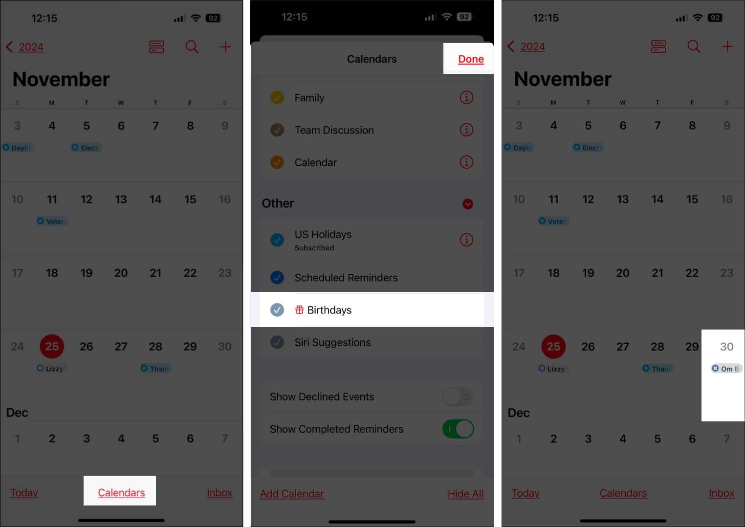 Setting up a birthday reminder in the Calendar app on an iPhone.