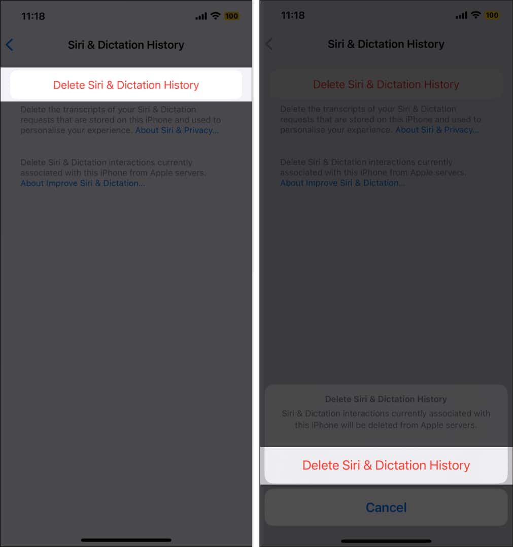 Deleting Siri and dictation history on an iPhone.