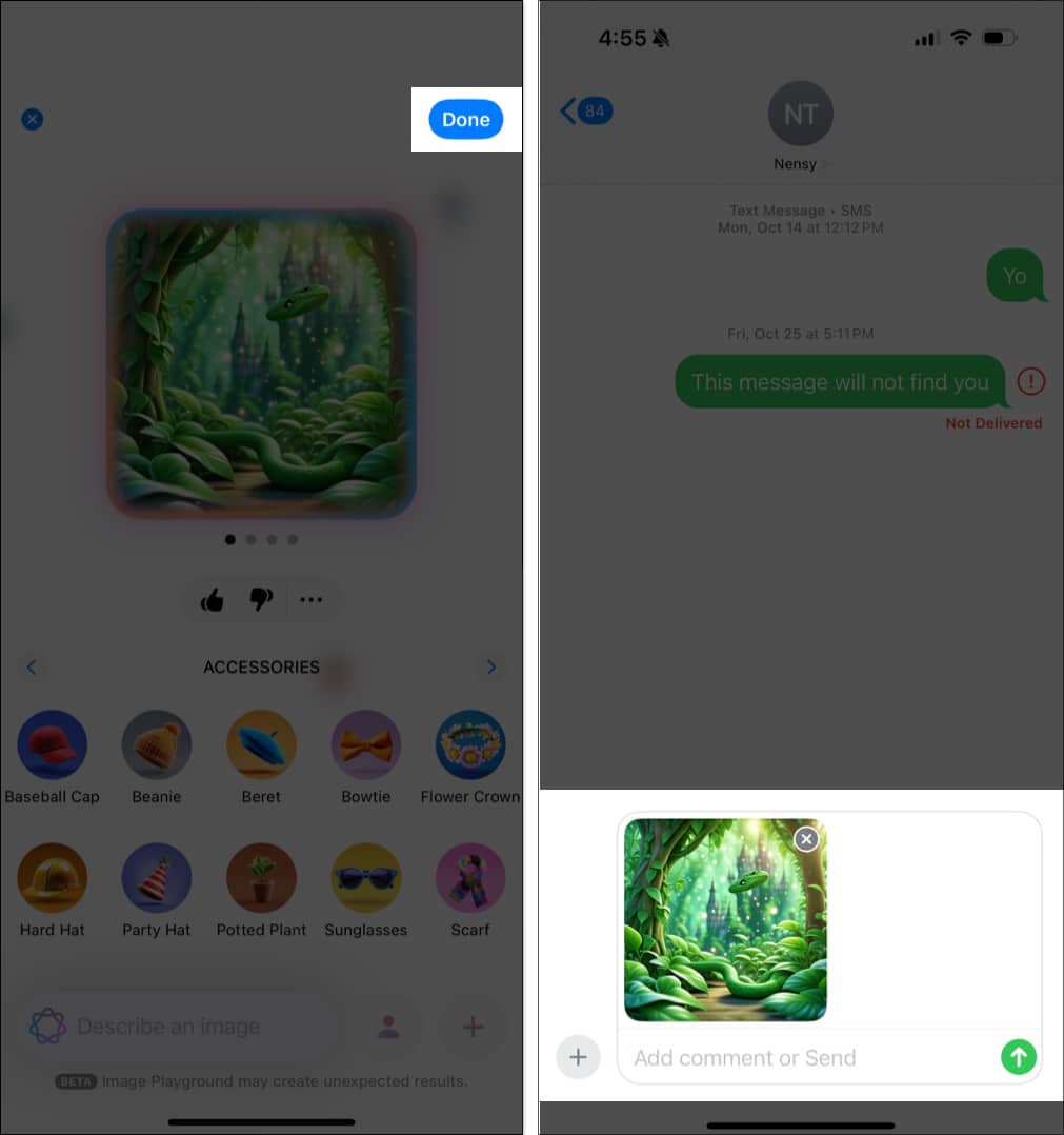 Sending an image created using Image Playground in the Messages app on an iPhone.