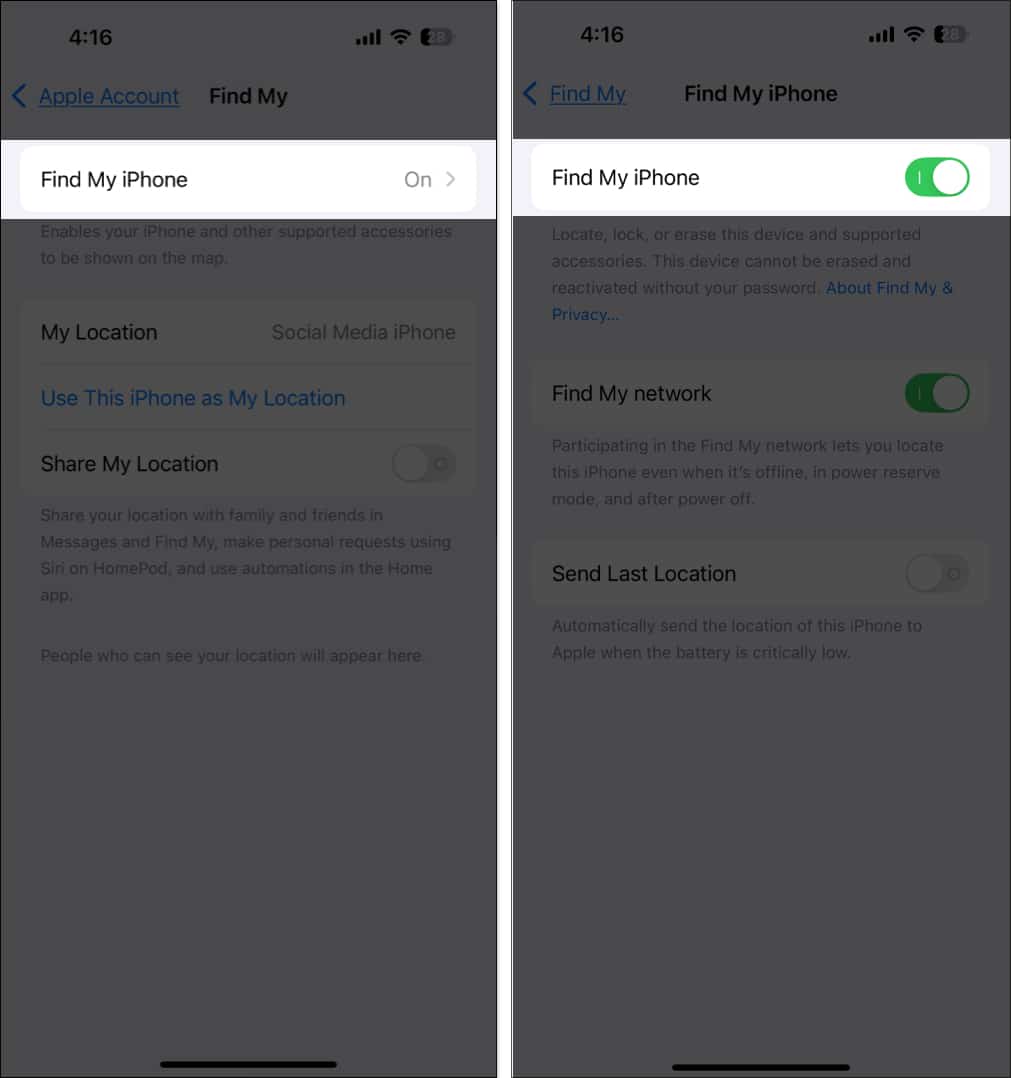 Finding the Find My option in iPhone Settings.
