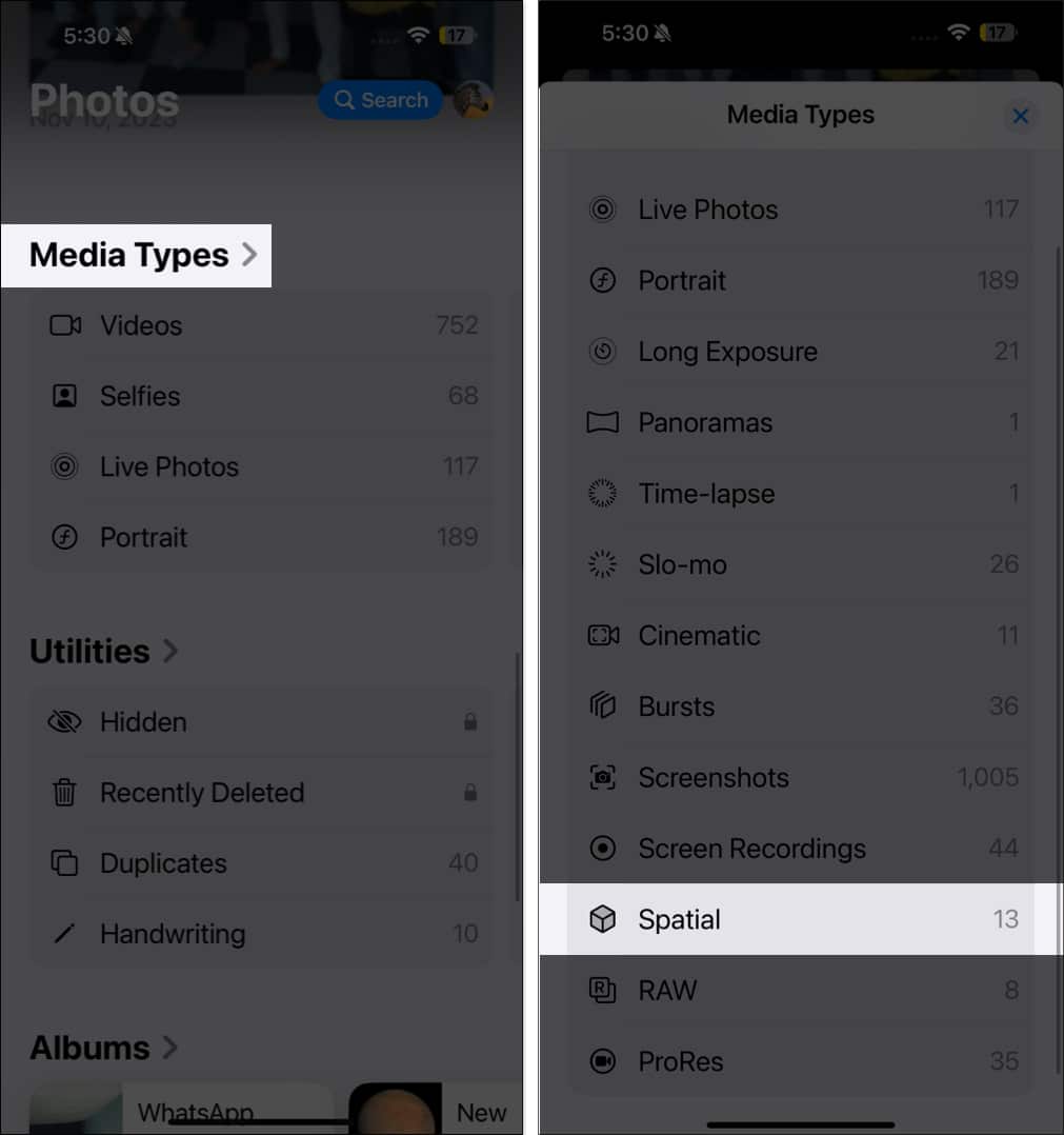Tap on Media Type and select Spatial option in Photos app on iPhone.
