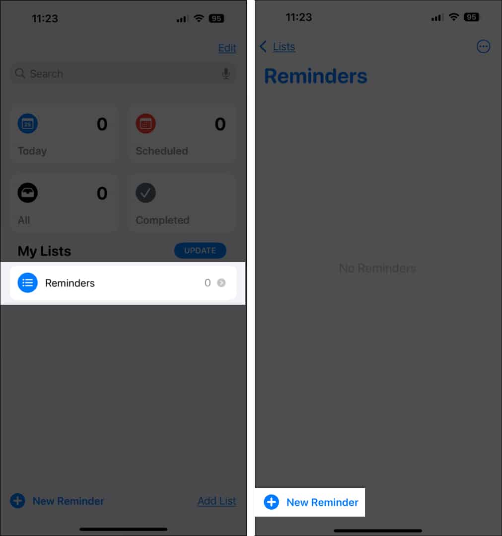 Creating a new reminder in the Reminders app on an iPhone.