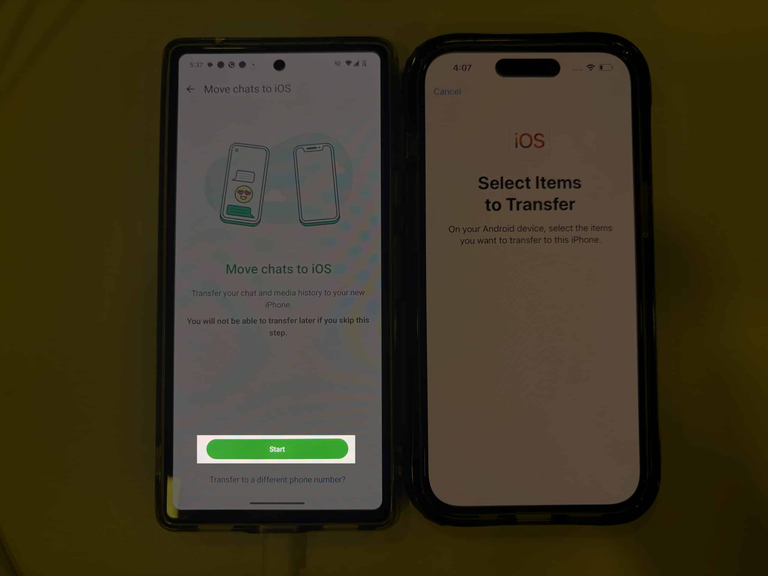 Starting the WhatsApp data transfer process using the Move to iOS app.