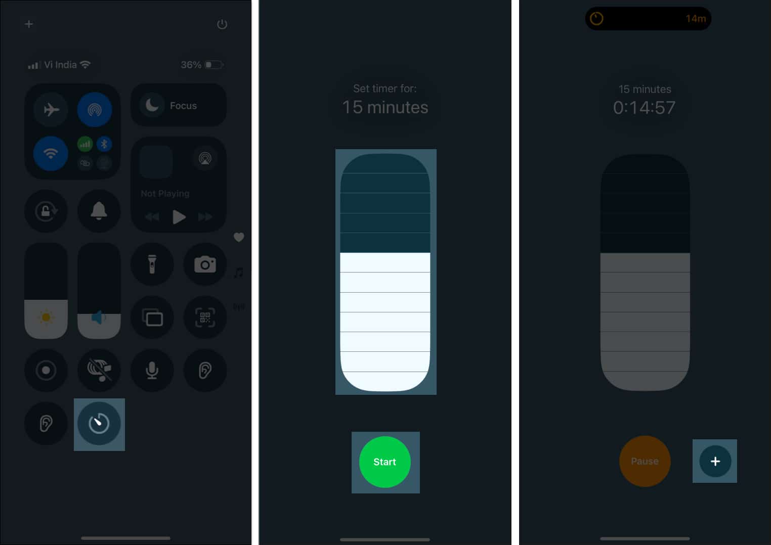 Tap on Start to set timer after selecting Timer icon from Control center on iPhone.