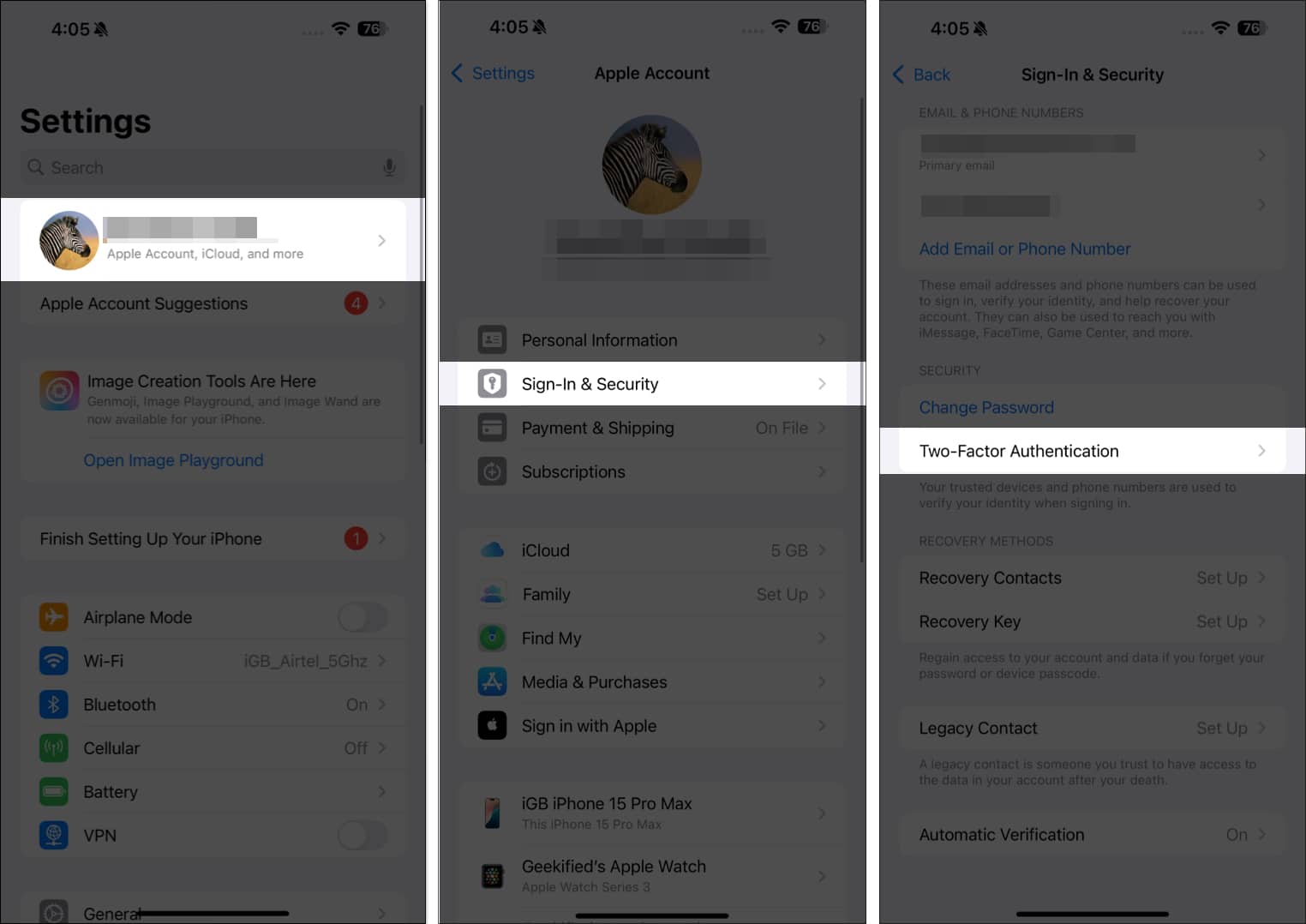 Accessing the Two-Factor Authentication option in iPhone Settings app.
