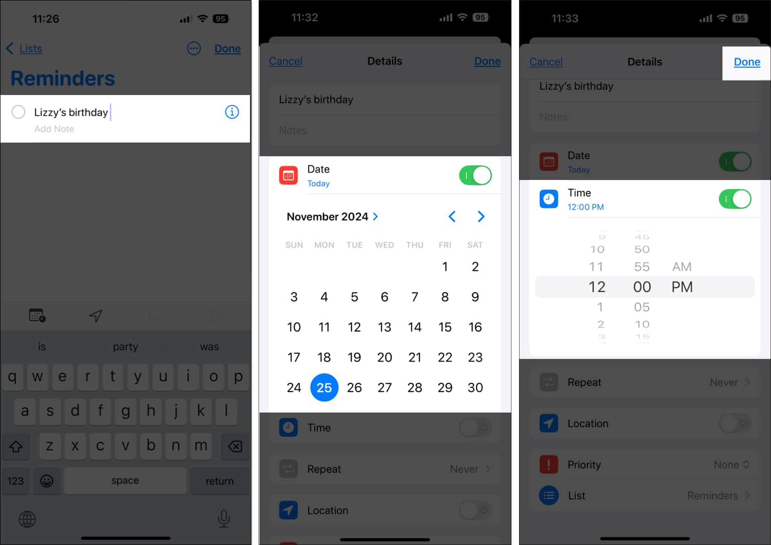 Setting up a reminder in the iOS Reminders app.