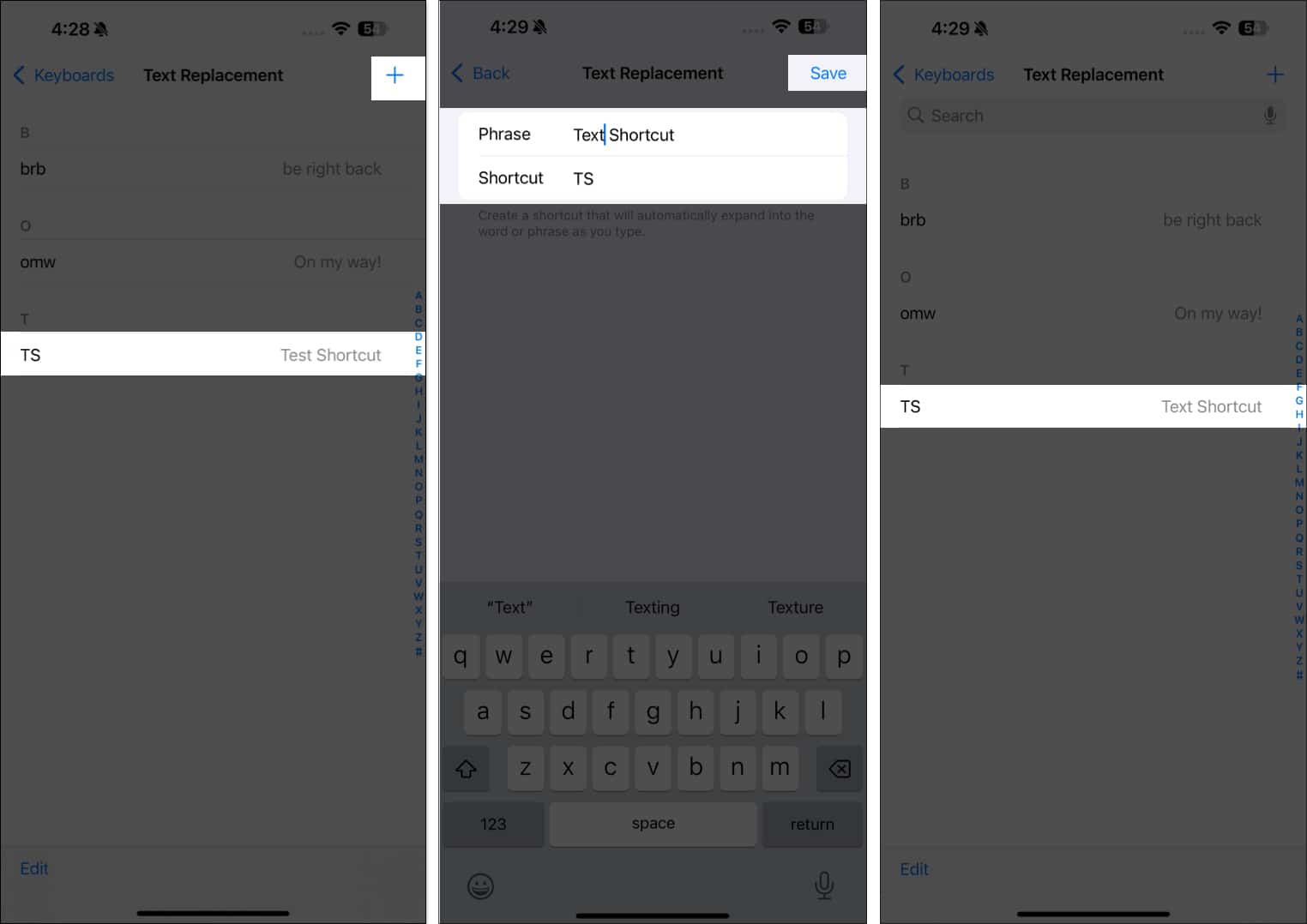 Creating a text replacement shortcut in iOS Settings on an iPhone.