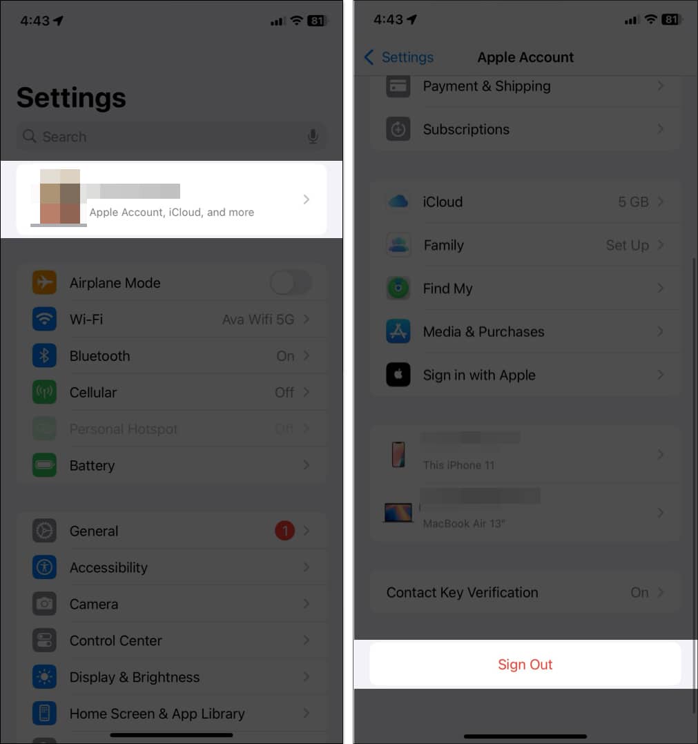 Accessing the Sign Out option for Apple ID on an iPhone.