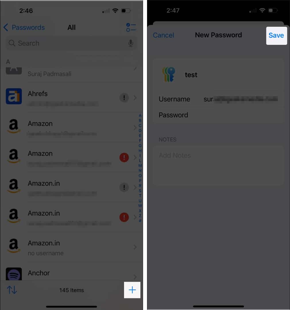 Creating a new password entry in the Passwords app.