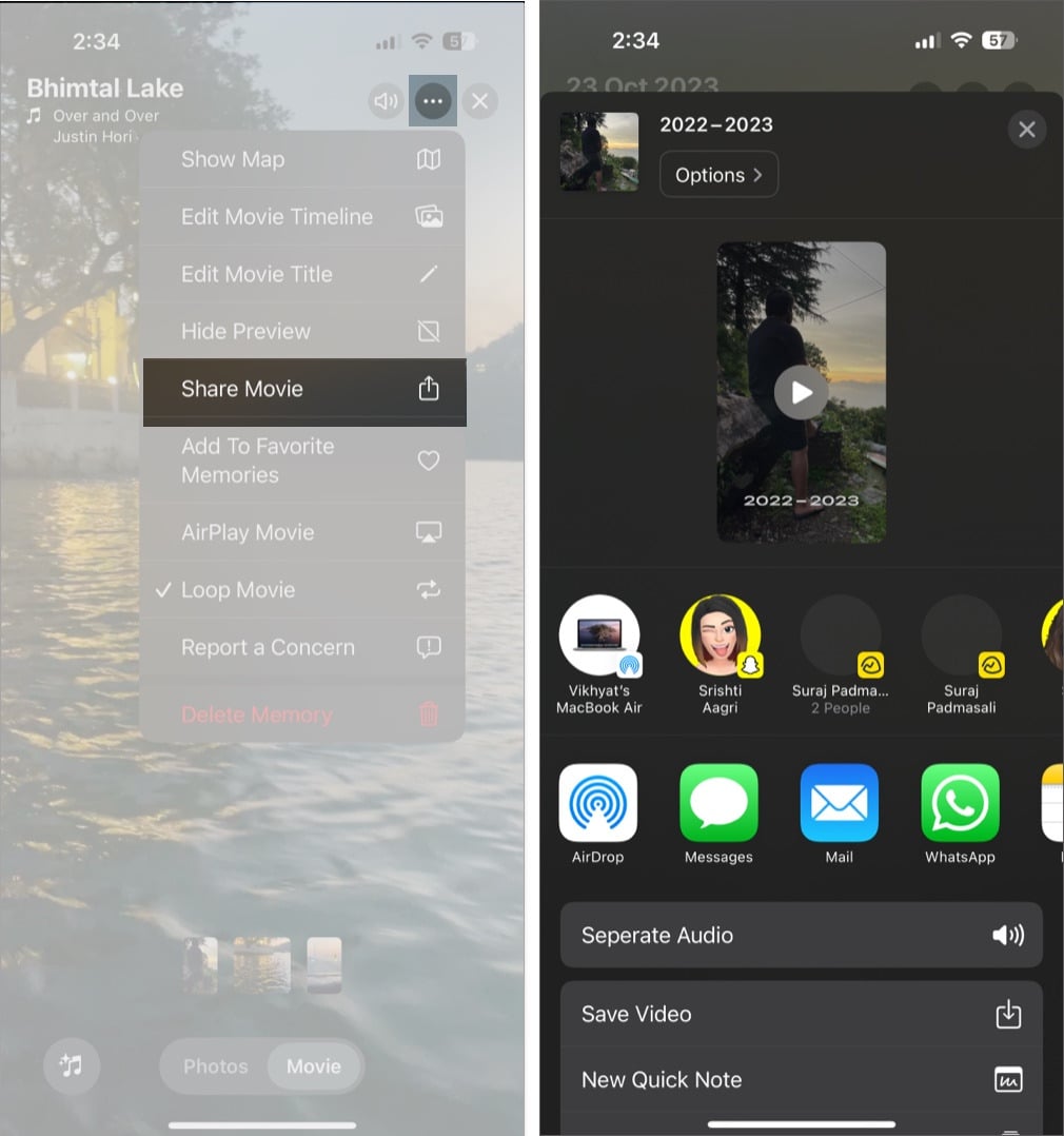 Share Movie option in the Photos app to share a created memory movie.