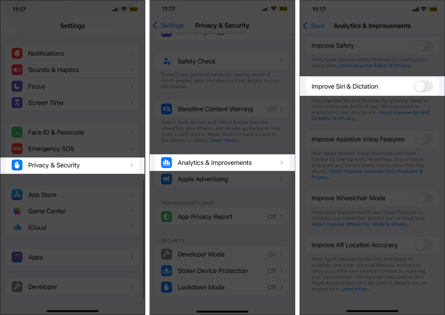 Toggling off the Improve Siri and Dictation option on an iPhone.