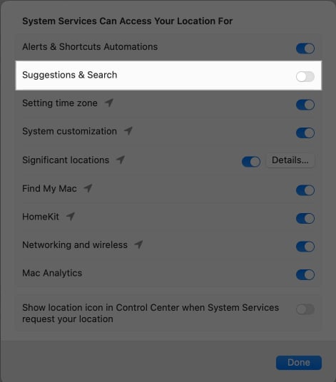 Toggling off Suggestions & Search on a Mac.