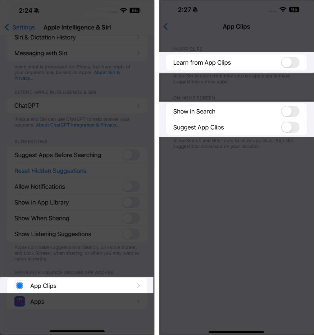 Toggling off Siri Suggestions for App Clips on an iPhone.