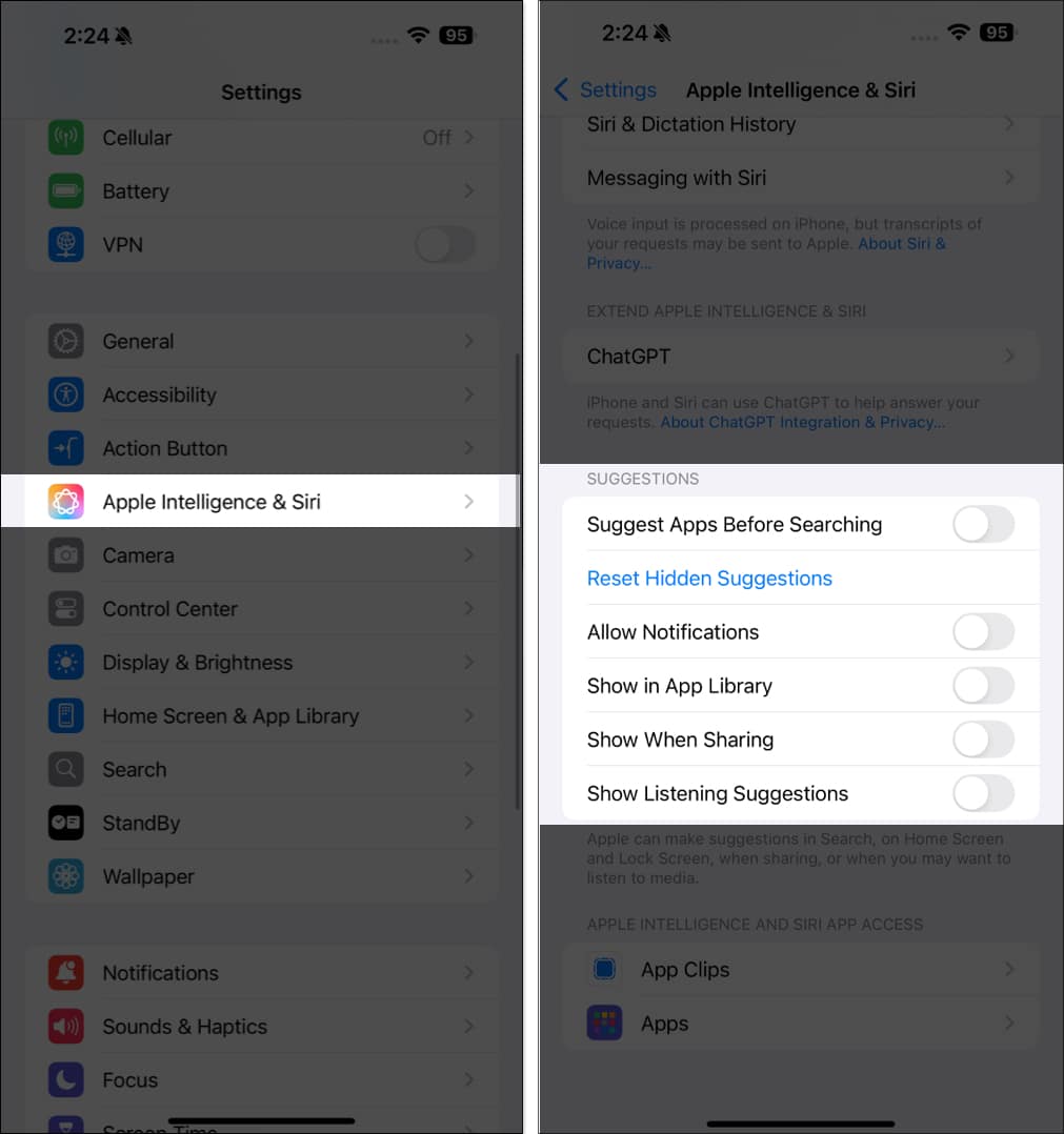 Turning off Siri Suggestions in iPhone Settings.