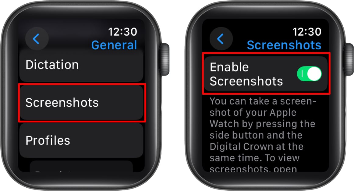 Toggle on Enable Screenshots on Apple Watch.