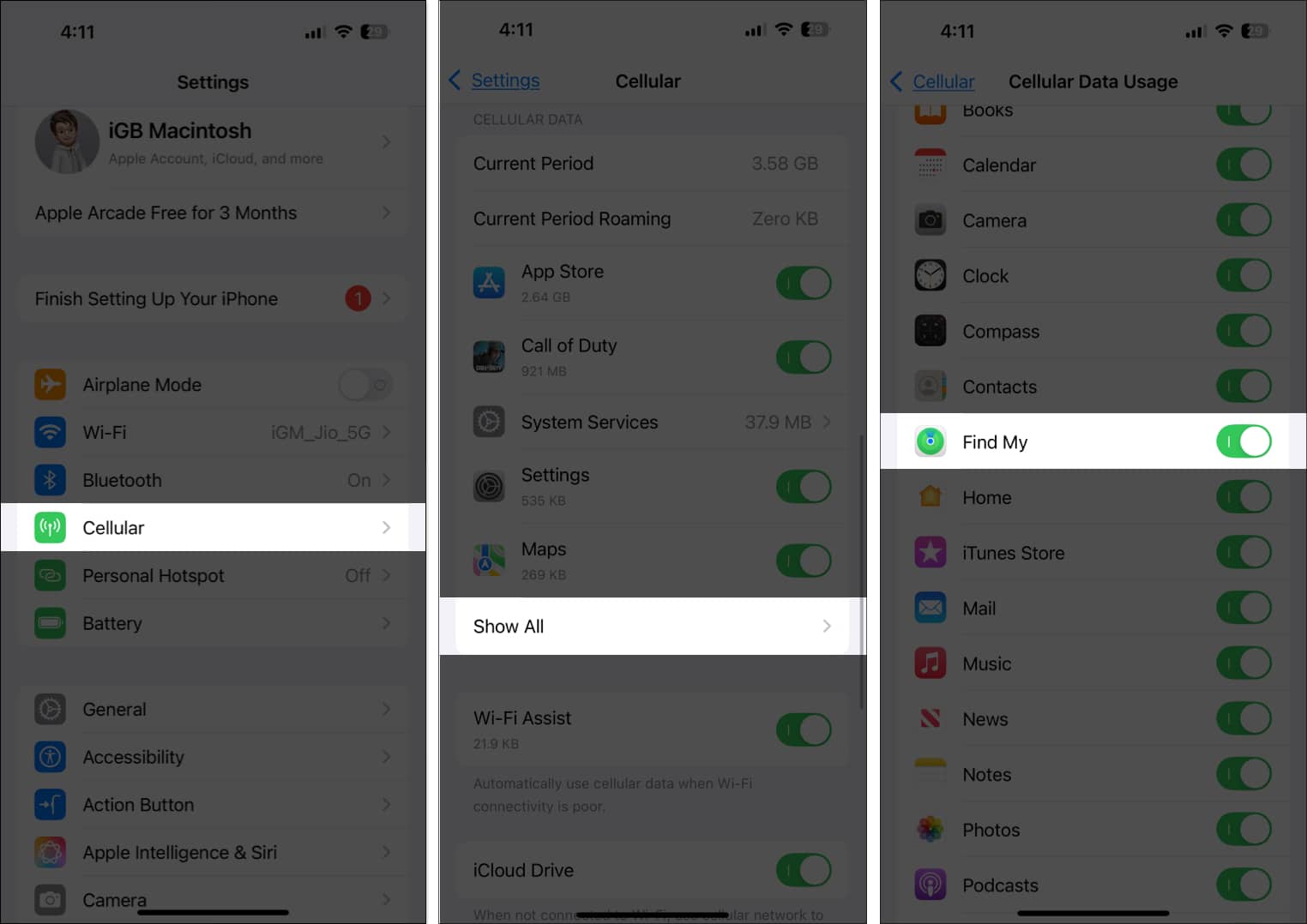 Allowing Find My to use cellular data.
