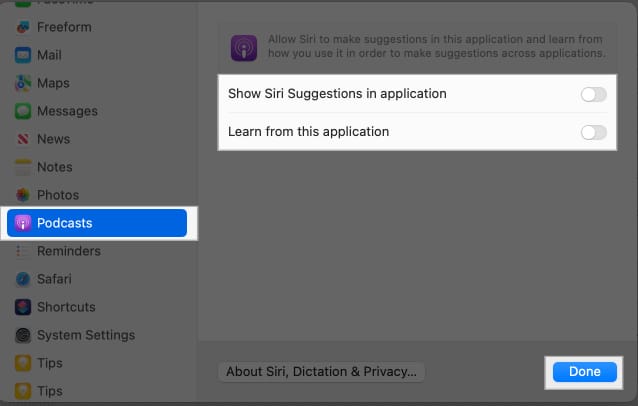 Toggling off Siri Suggestions for an app on a Mac.