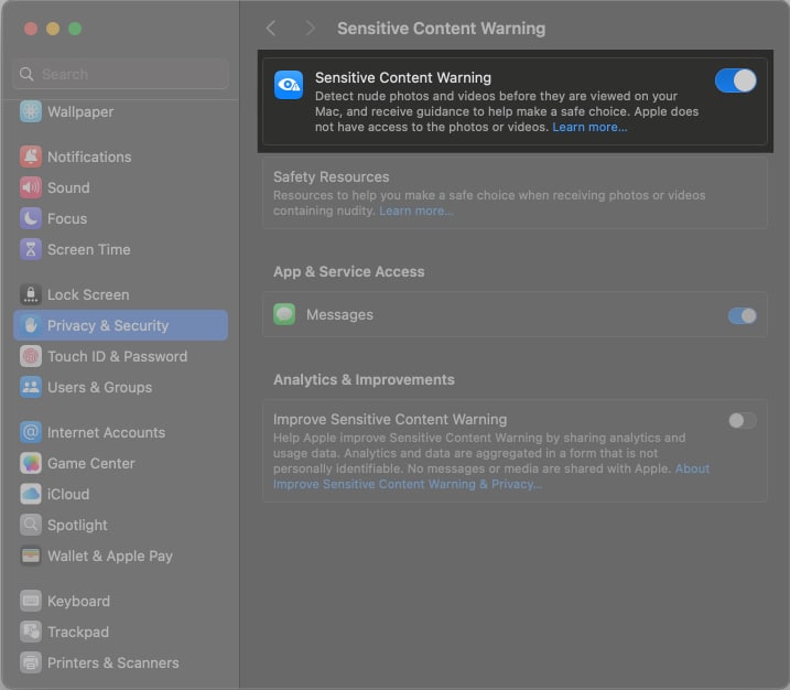 Toggling on Sensitive Content Warning on Mac.