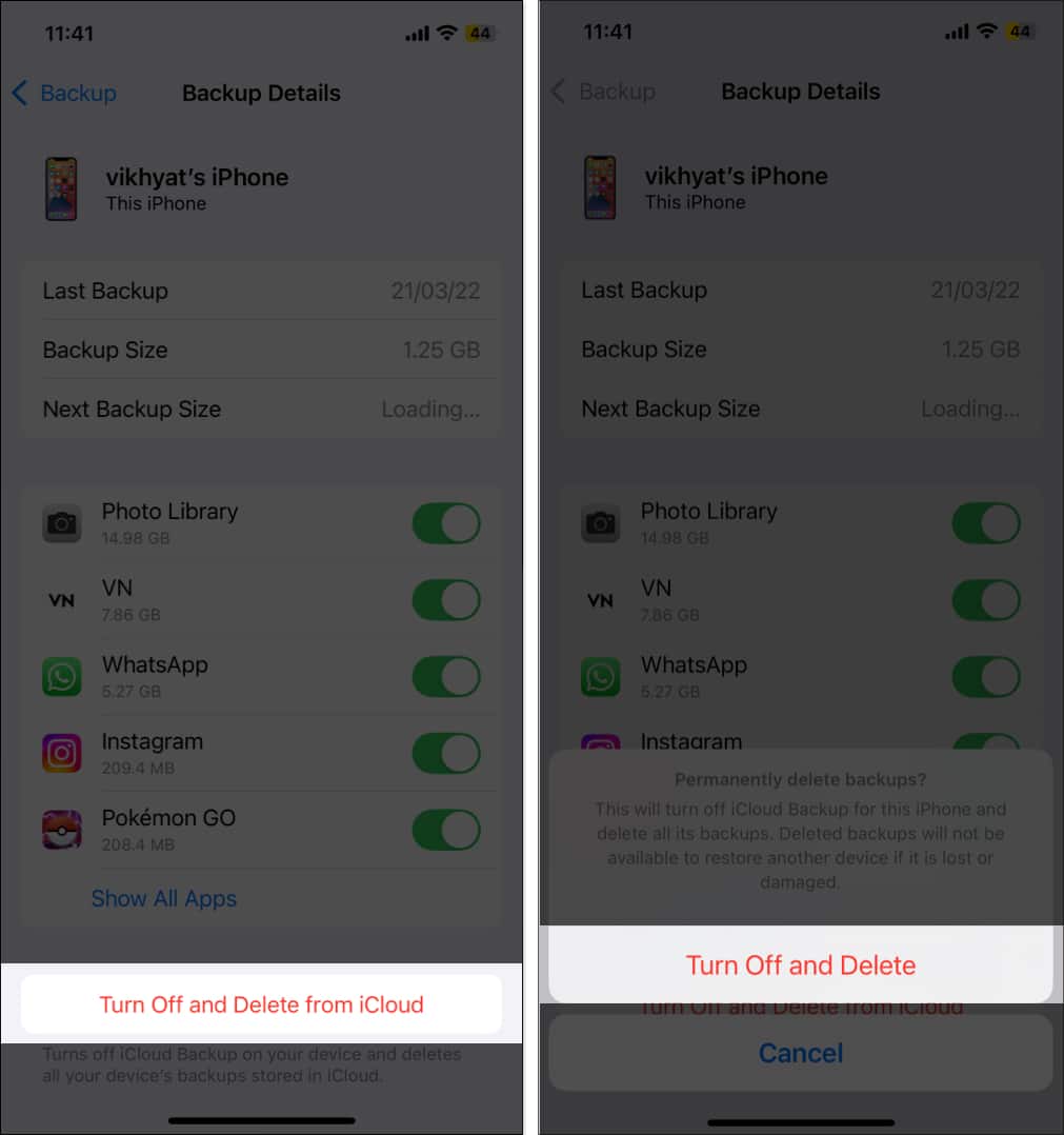 Deleting an iCloud backup for a device in iOS Settings.