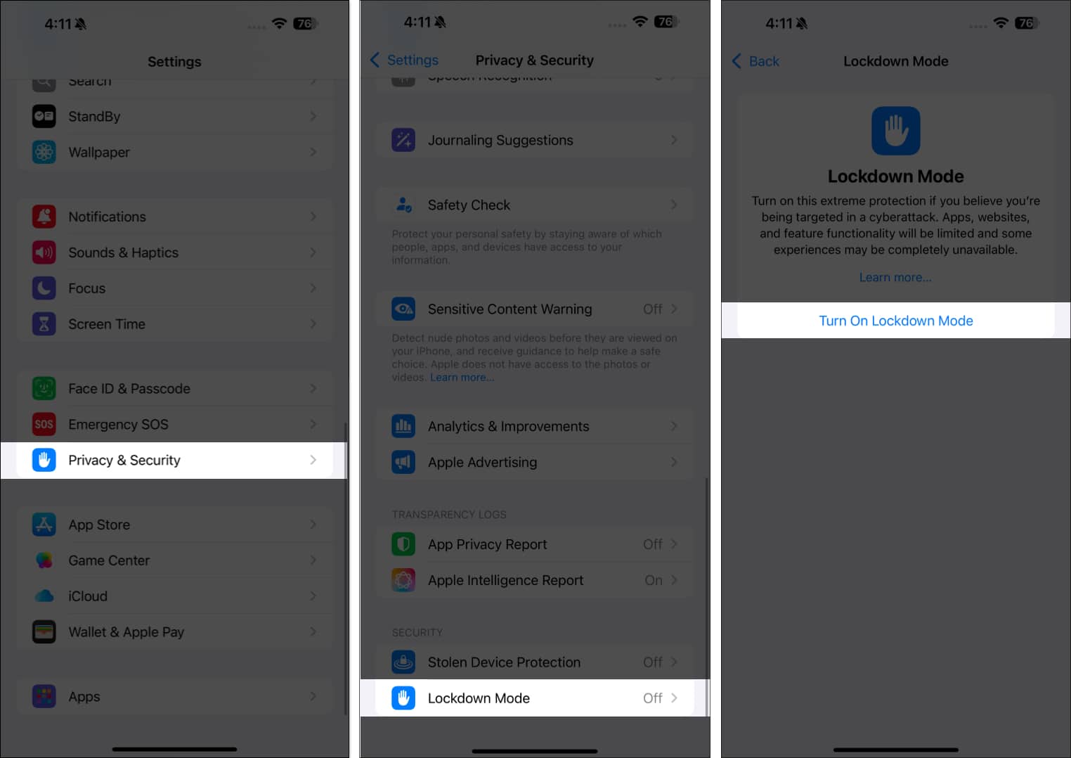 Turning on Lockdown Mode on an iPhone.