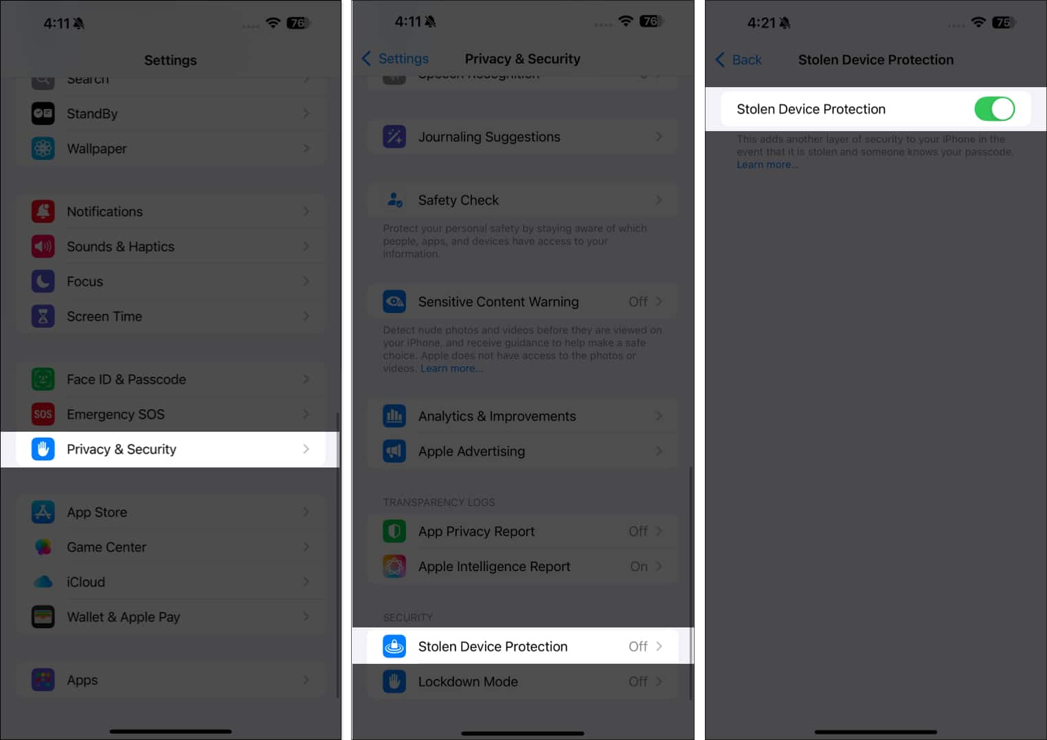 Turning on the Stolen Device Protection option on an iPhone.