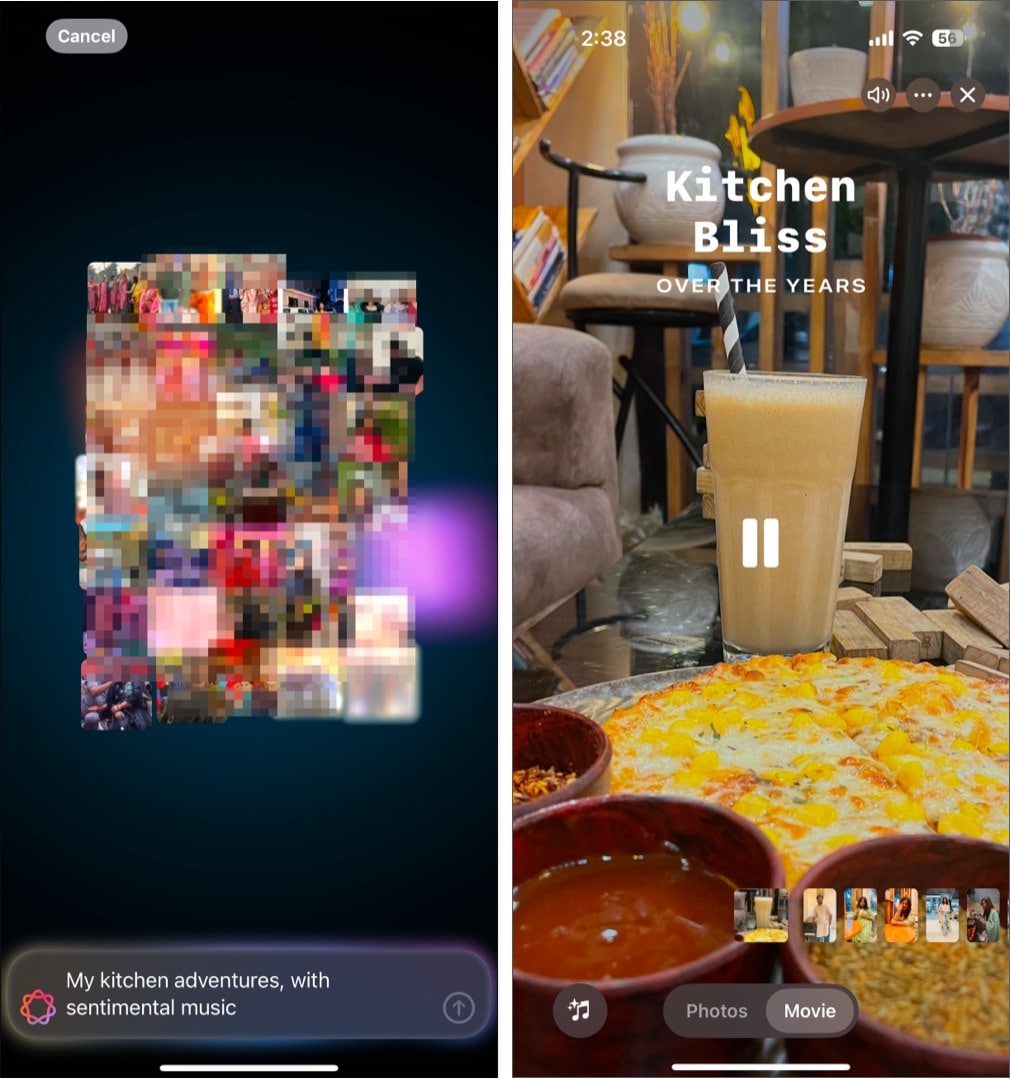 Previewing a memory movie created using Apple Intelligence in the Photos app on an iPhone.