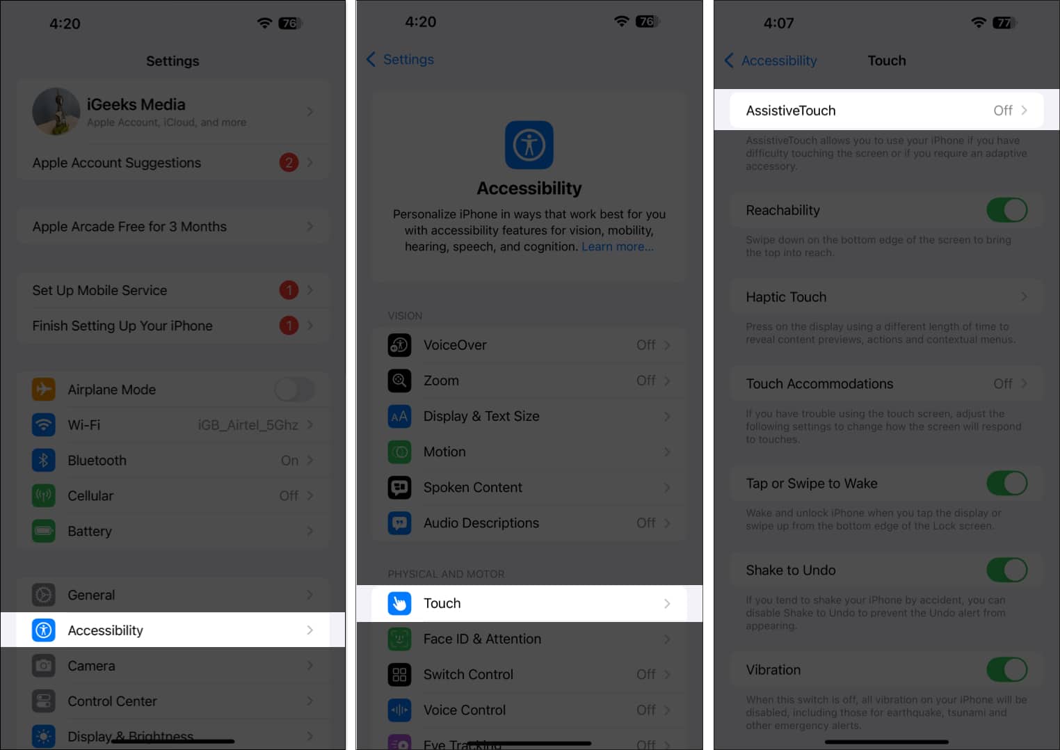 Accessing the AssistiveTouch settings on an iPhone.