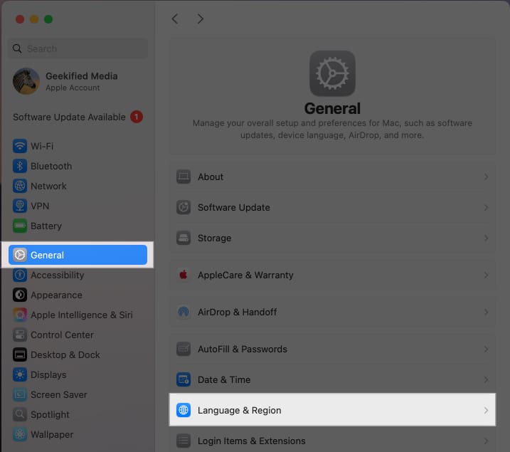 Accessing Language & Region settings on a Mac.
