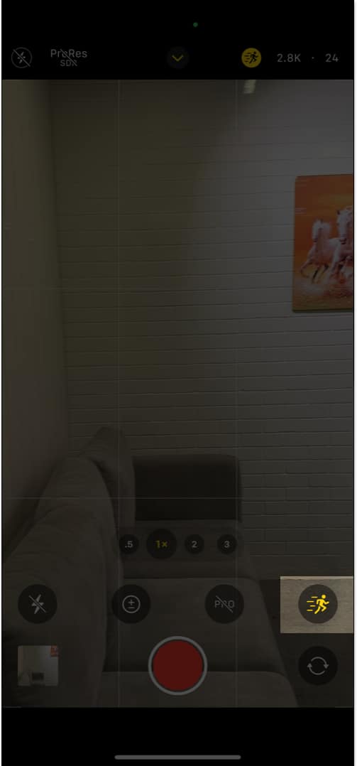 Accessing the Action mode icon by swiping up in the iPhone Camera app.