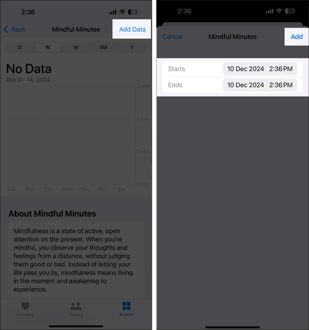 Logging meditation data in the iOS Health app.